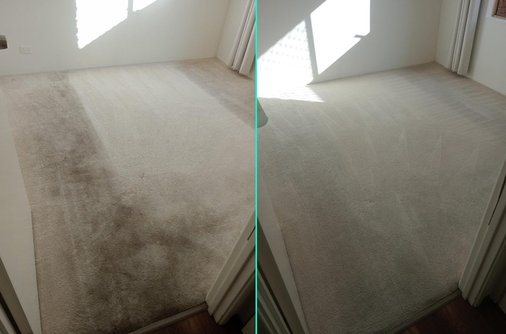 Before and after vacate carpet cleaning showing a noticeably cleaner bedroom carpet